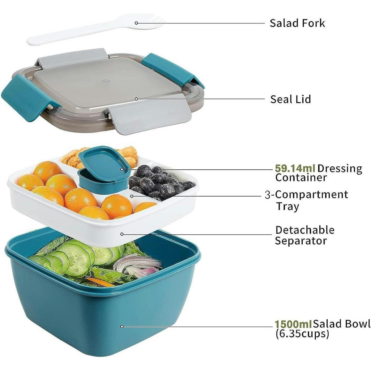 SALATBOX mit 3 Fächern und Dressingbehälter 1500 ml Dunkelblau - Dunkelblau, Kunststoff (17.5/9.9/17.5cm)