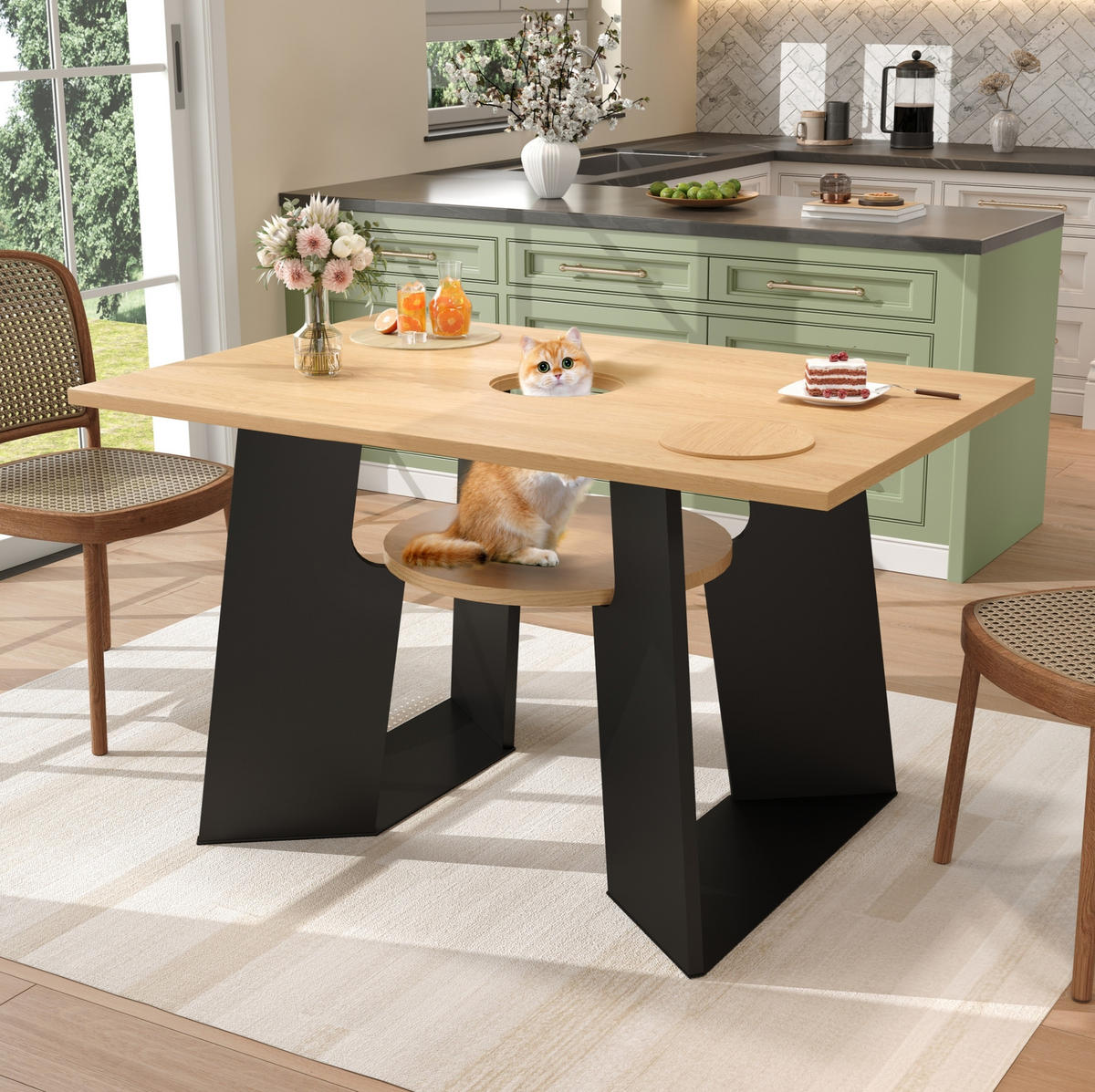 ESSTISCH 130/85/75 cm mit Haustierbereich, Abdeckplatte und Ablage, MDF, Schwarz/Natur - Schwarz, Holzwerkstoff (130/85/75cm) - Redom