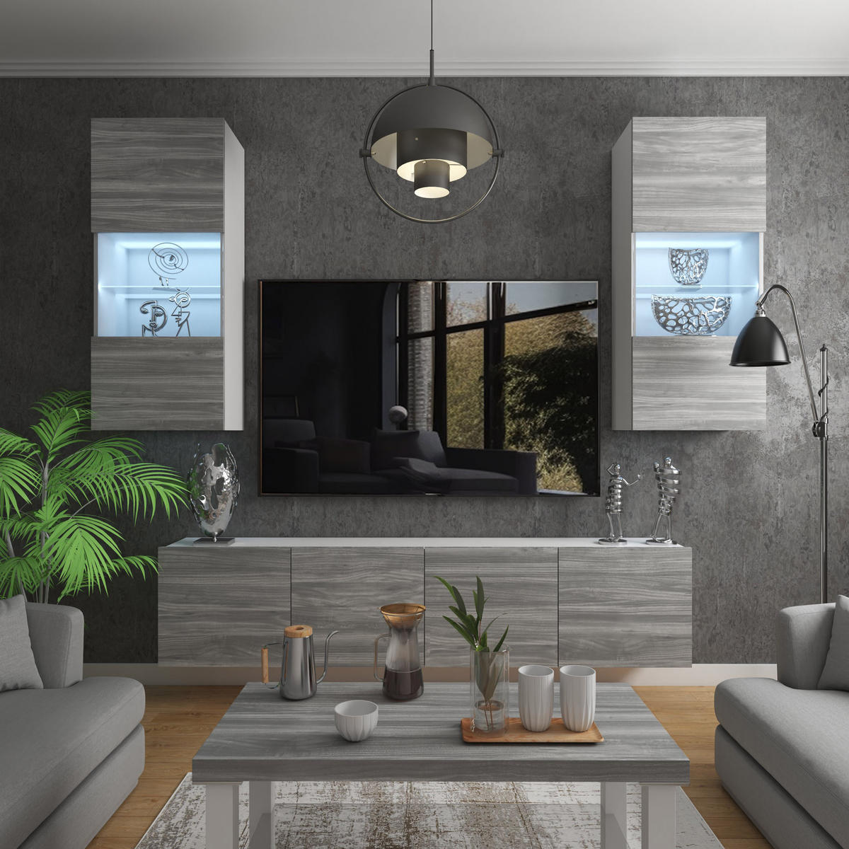 WOHNWAND Milano 7, Grau Matt, 200 cm, Grifflos - Grau, Holz (200/115/36cm) - B BELINI GROUP