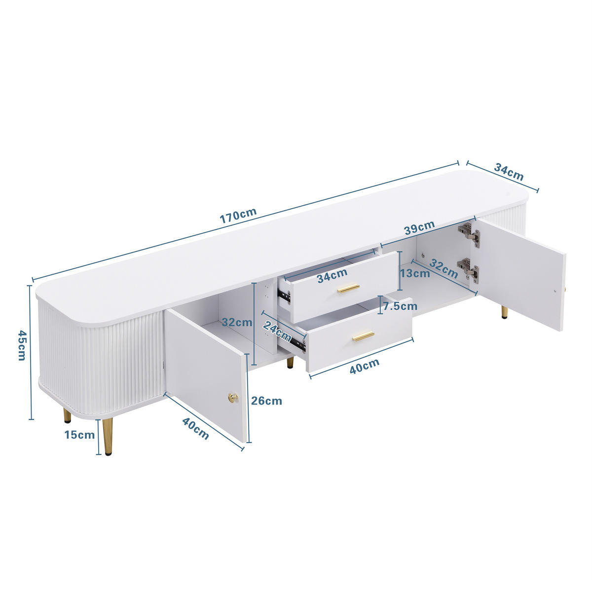 LOWBOARD in Weiß TV-Schrank mit Schubladen und gewellten Seiten für Wohnzimmer, B170/T34/H45 cm - Goldfarben/Weiß, Holzwerkstoff/Metall (170/45/34cm) - STILVORA