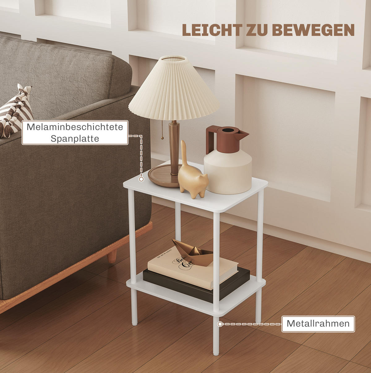 BEISTELLTISCH 40/30/52,2 cm Weiß mit 2-stufiger Ablage und Metallrahmen - Weiß, Holzwerkstoff (30/40/52.2cm) - OKWISH