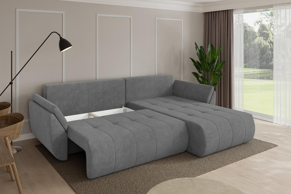 ROHOVÁ SEDAČKA s funkcí spaní, otoman vpravo TOKO-L 277x194x86 šedá velur - černá/šedohnědá, kompozitní dřevo/textil (277/194cm) - ALTDECOR