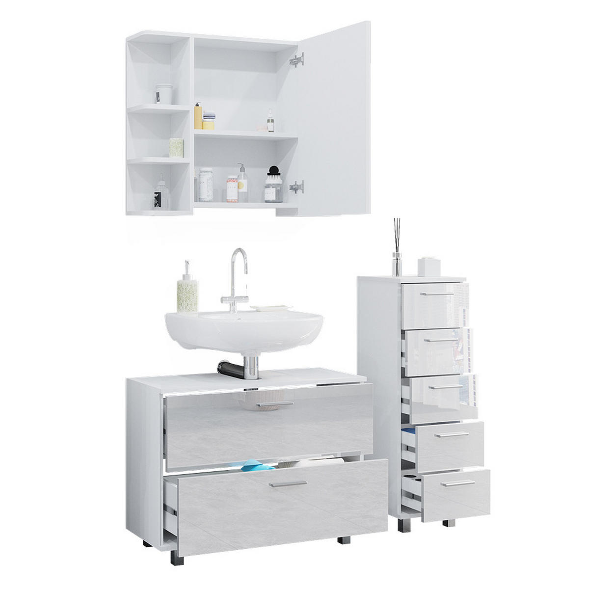 BADMÖBEL-SET Ilias Weiß Hochglanz 3 Teile, mit Unterschrank 80 cm - Weiß Hochglanz, Holzwerkstoff (80/60/33cm) - Vicco