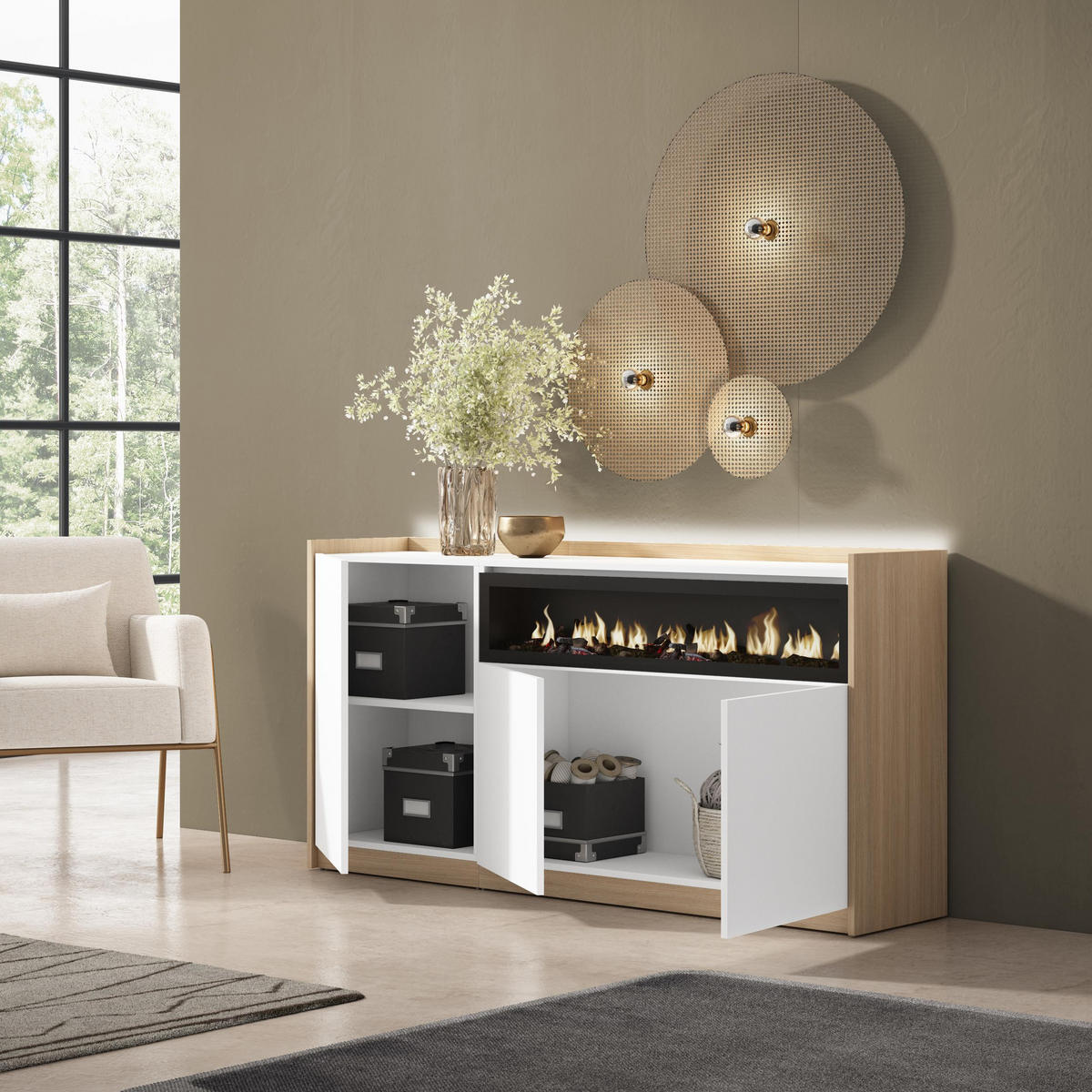SIDEBOARD, Weiß und Eiche, 156/37/80cm, Kamin mit Feuereffekt - Weiß, Holzwerkstoff (156/80/37cm) - Skraut Home