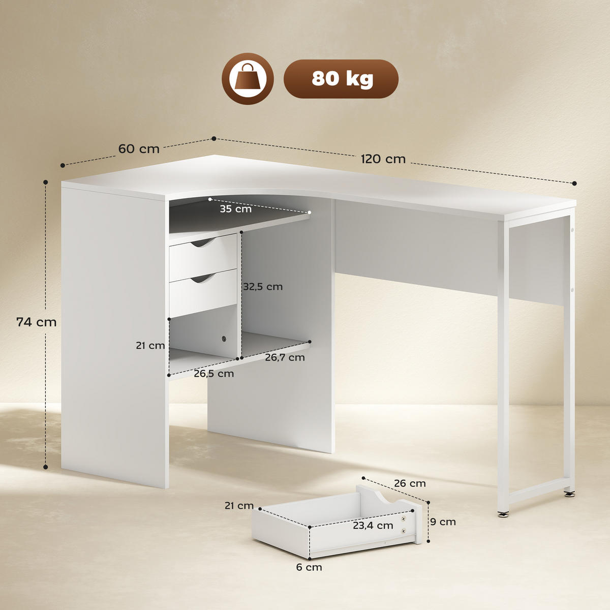 ECKSCHREIBTISCH Weiß mit 2 Schubladen und 3 offenen Fächern 120/60/74 cm - Weiß, Holzwerkstoff (60/120/74cm) - PANGIVO