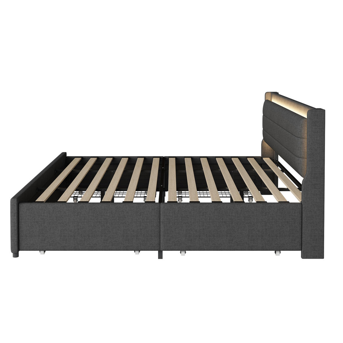 POLSTERBETT 180/200 cm grau mit farbwechselnder LED-Beleuchtung und vier Ablagefächern - Grau, Textil (180/200cm) - OKWISH