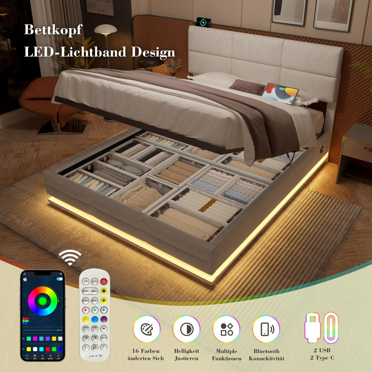 POLSTERBETT 140x200 cm LED USB Samt beige - Beige, Textil (140/200cm) - LEBENLANG