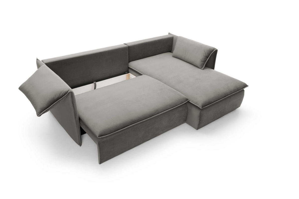 ECKSOFA PREGIO Grau Plüsch-Stoff mit Schlaffunktion - Grau, Holz (230/166cm) - MASSENO