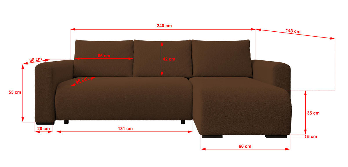 ECKSOFA DORA L, Eckcouch in L-Form mit Schlaffunktion und Bettkasten, Farbe: Braun, Bouclé-Stoff, Ottomane Rechts - Braun, Textil (240/143cm) - Storez24