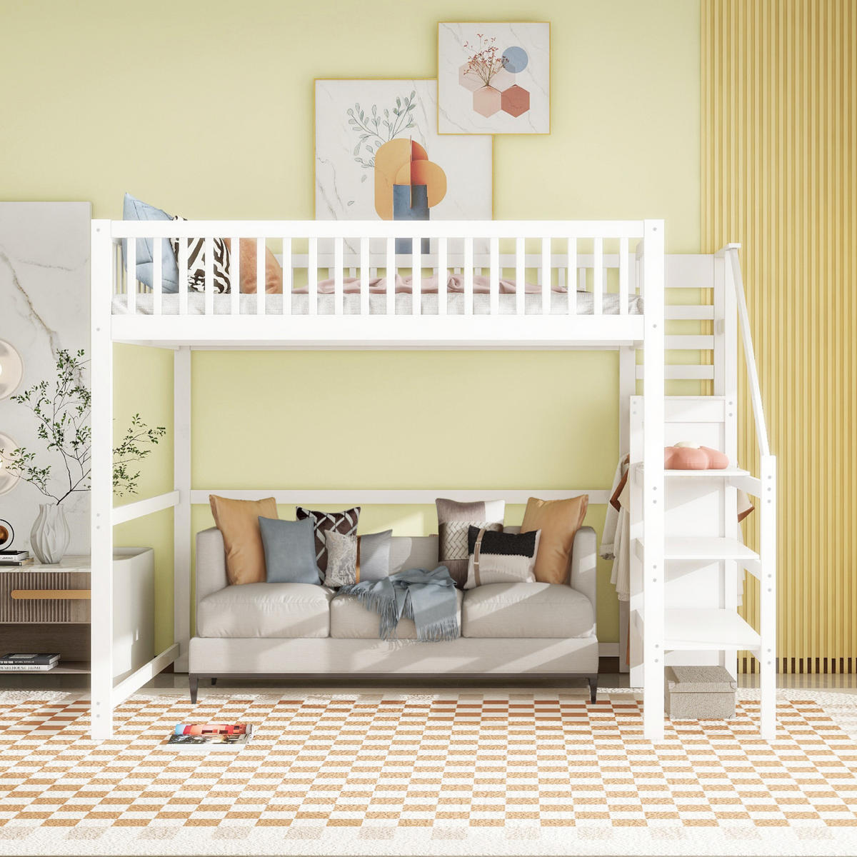 HOCHBETT 140/200 cm weiß Kinderbett aus Kiefernholz mit Kleiderschrank - Weiß, Holz (140/200cm) - OKWISH