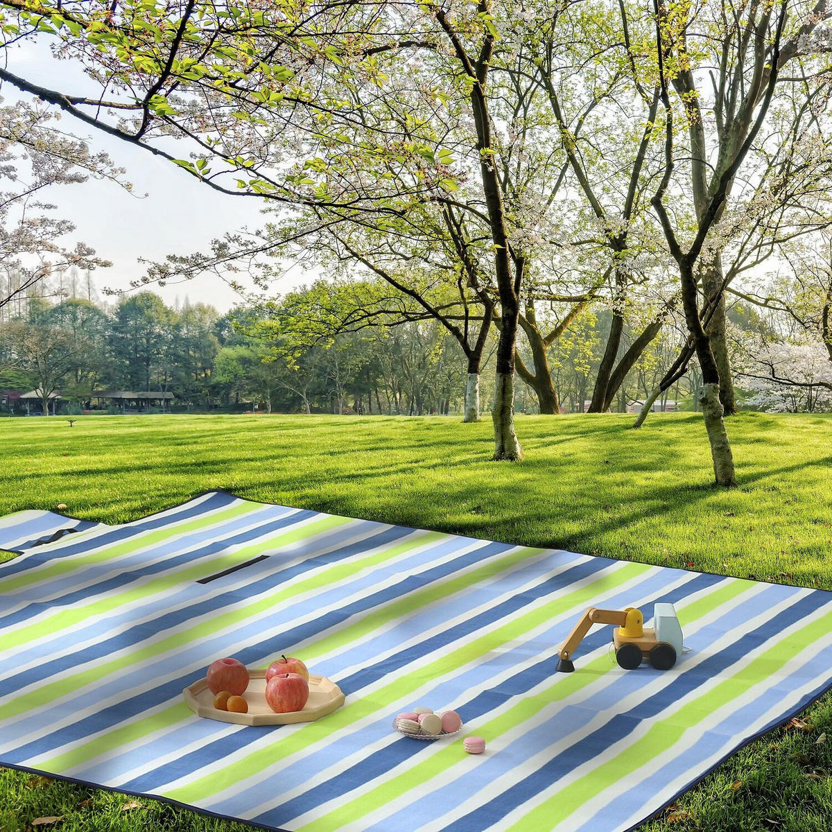 PICKNICKDECKE XXL 200x200 ecoline 100% recyceltes Fleece Streifen blau grün - Blau/Grün, Textil (200/200cm) - wometo