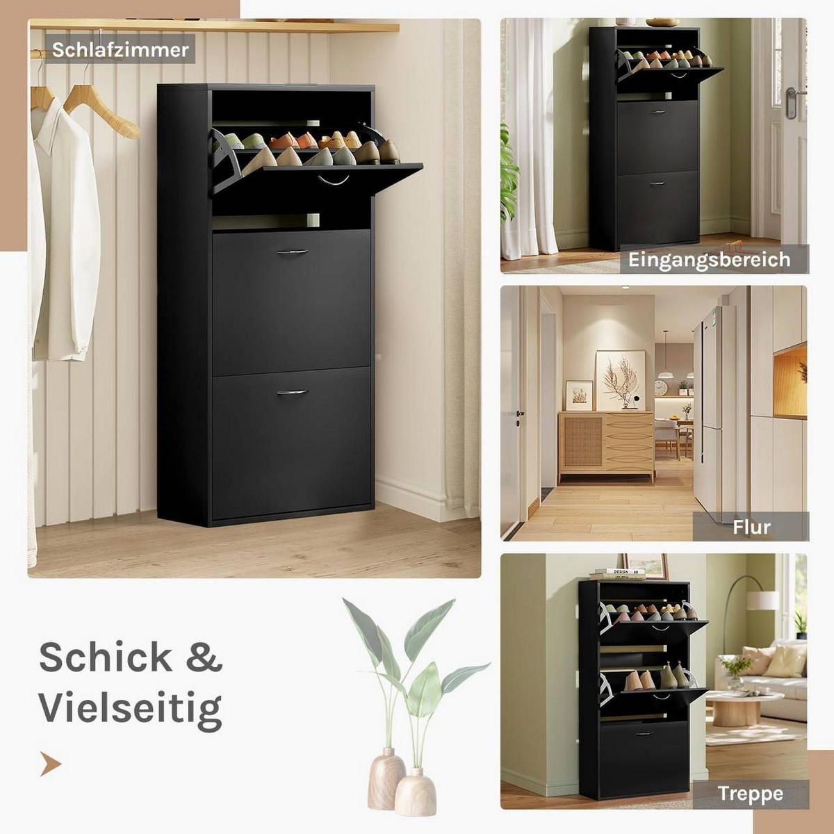 SCHUHKIPPER 58x23x118 cm, Schwarz - Silberfarben/Schwarz, Holzwerkstoff (58/118/23cm) - Woltu