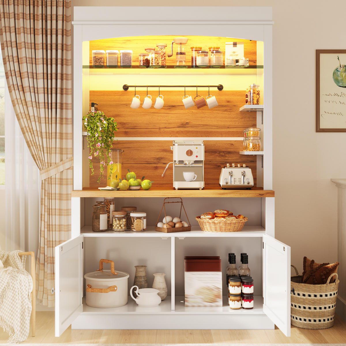 KÜCHENSCHRANK 107x34x184 cm, LED-Beleuchtung, 6 Haken, Glasboden, Weiß - Weiß, Holzwerkstoff (107/184/34cm) - FOHERE