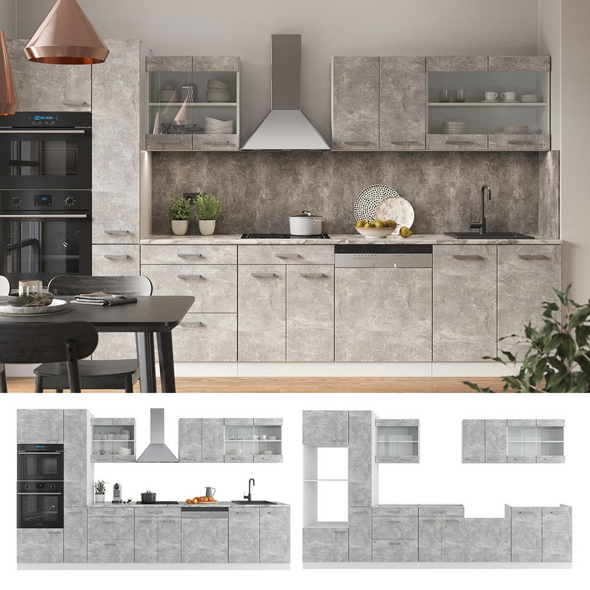 KUCHYNĚ R-Line Beton/bílá 350 cm s vysokou skříní, s pracovní deskou - šedá/bílá, kompozitní dřevo (350/206.8/60cm) - Vicco