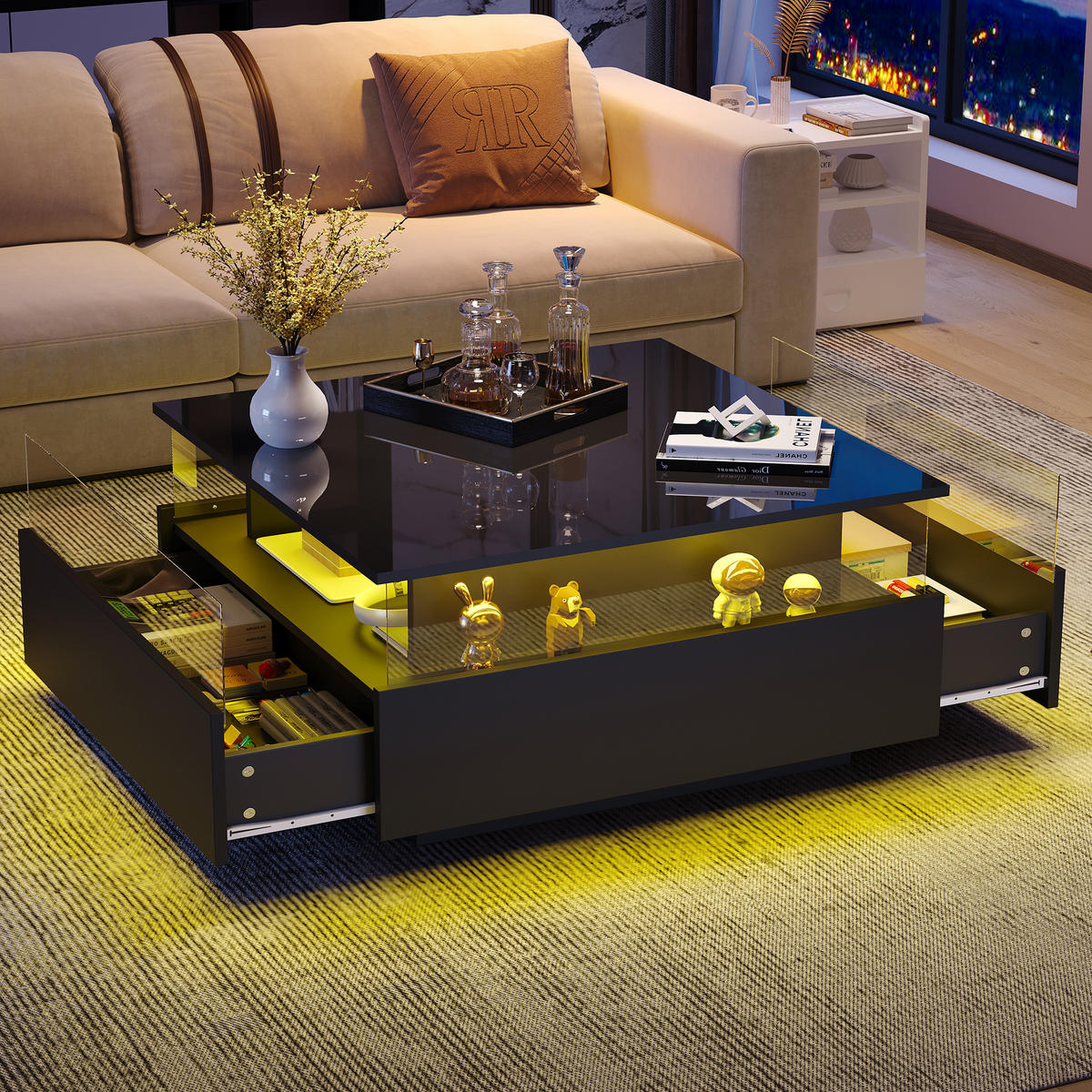 COUCHTISCH Schwarz 70/70/41 cm mit LED-Beleuchtung - Schwarz, Holzwerkstoff (70/70/41cm) - PANGIVO