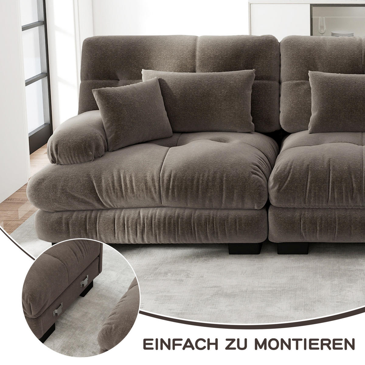 ECKSOFA 220/145/81 cm braun aus Chenille mit modularer Ottomane und Kissen - Braun, Textil (145/220cm) - OKWISH
