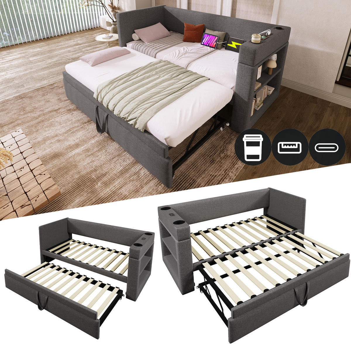 AUSZIEHBETT 90/190 cm DE-00698, in Grau, USB-C und Getränkehaltern - Grau, Metall (90/200cm) - ComfortXL