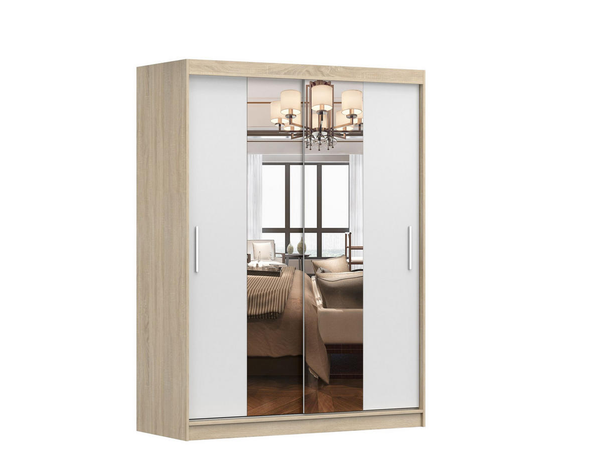 SCHWEBETÜRENSCHRANK Vista 01 Sonoma Eiche/Weiß mit Spiegel, ohne LED Beleuchtung 150cm - Alufarben/Weiß, Glas/Holzwerkstoff (150/200/61cm) - imoebel24