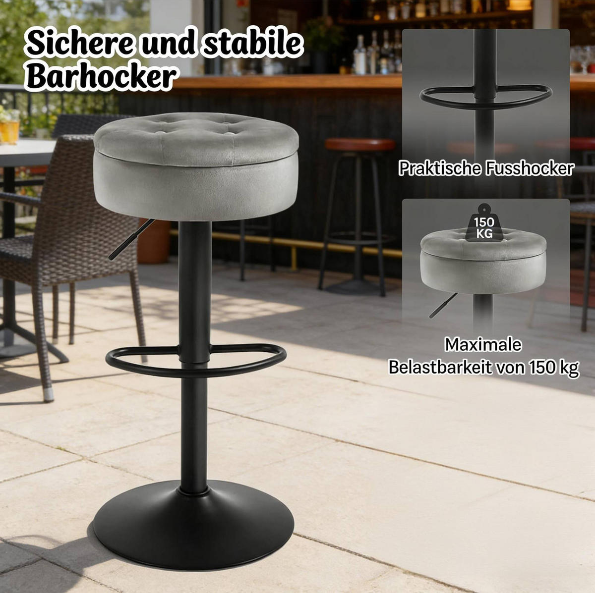 BARHOCKER mit Stauraum 39 x 39 x 79,5 cm Samt Hellgrau - Hellgrau, Metall (39/79.5/39cm) - Meubliv