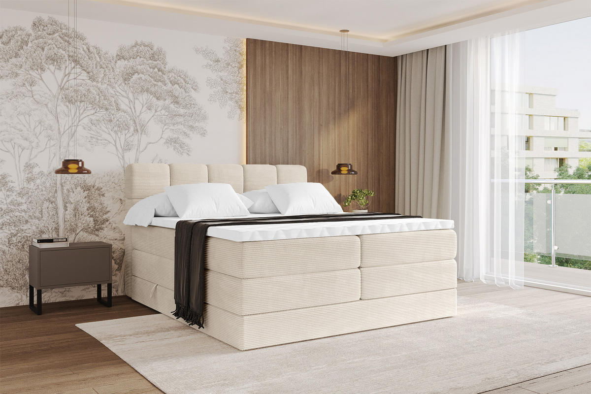 BOXBETT mit Matratze H3/H4 - FAMA KING - 140x200 cm Beige Poso - Ecru, Holzwerkstoff (140/200cm) - ALTDECOR