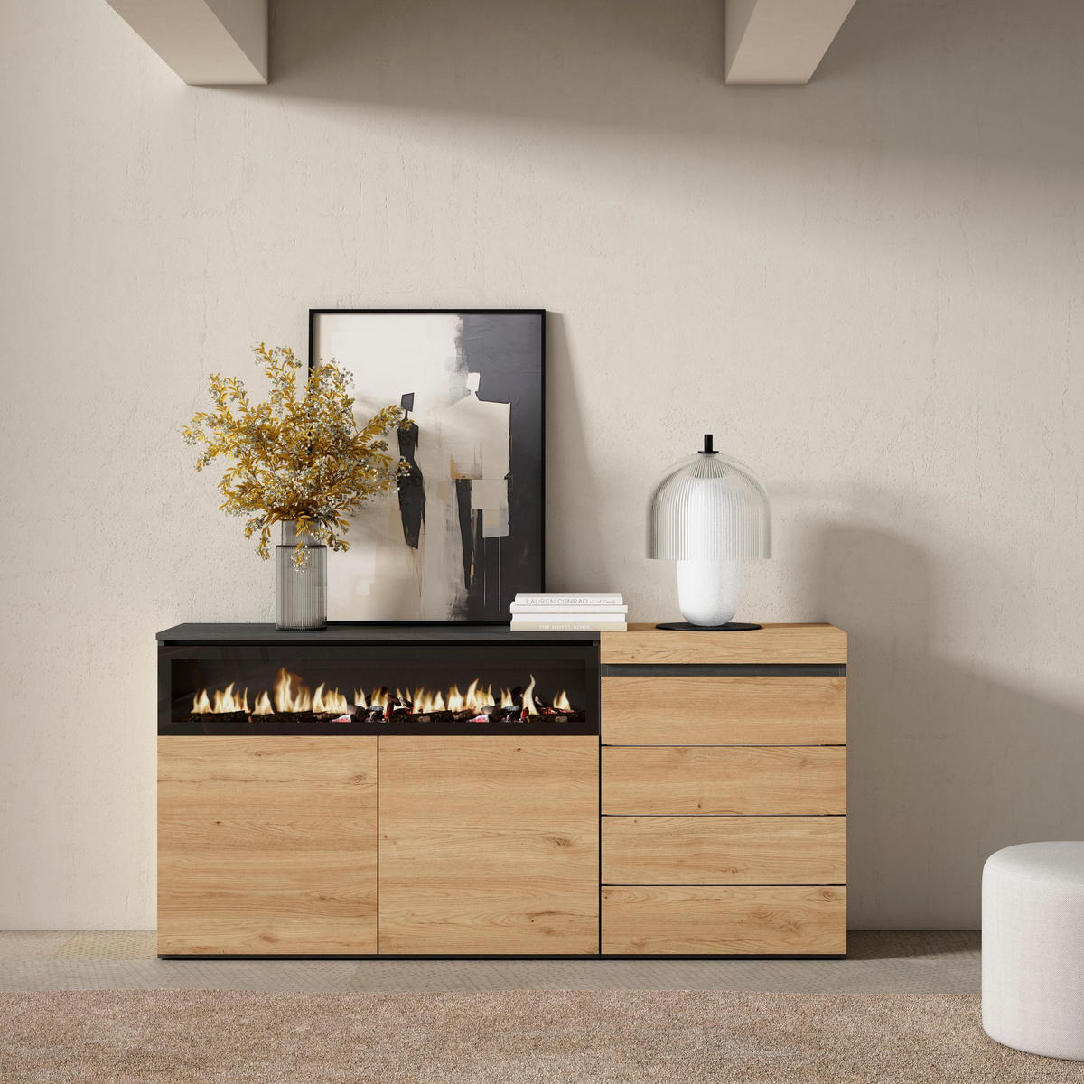 SIDEBOARD mit Elektrokamin, eiche, 158/35/75cm - Eichefarben, Holzwerkstoff (158/75/35cm) - Skraut Home