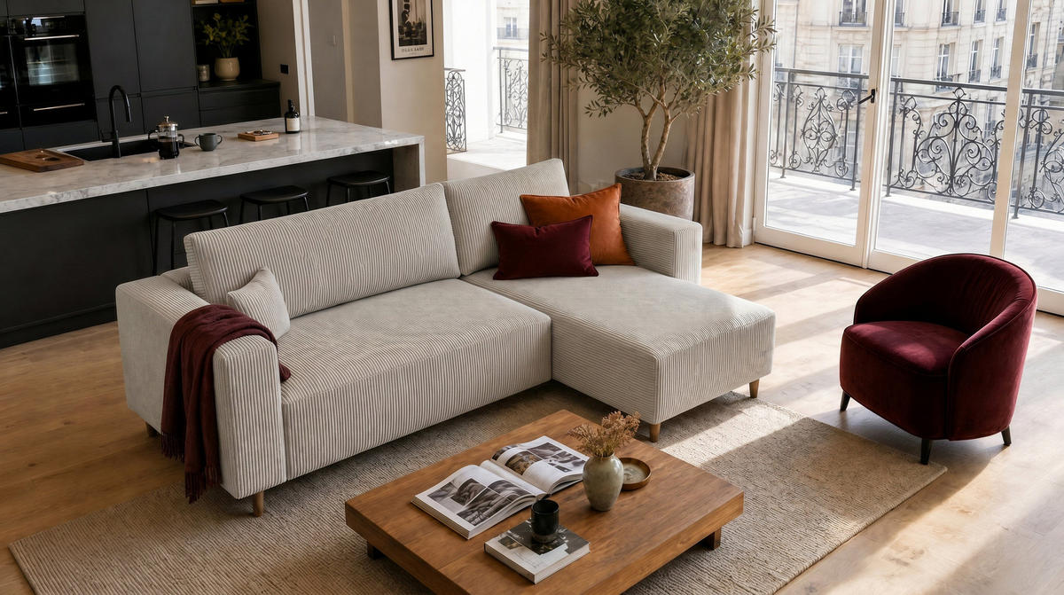 ECKSOFA mit Schlaffunktion und Bettkasten Rio, Ecksofa Cordstoff Hellgrau, Ottomane Universal, 249x142 cm - Hellgrau, Textil (249/142cm) - Marpur