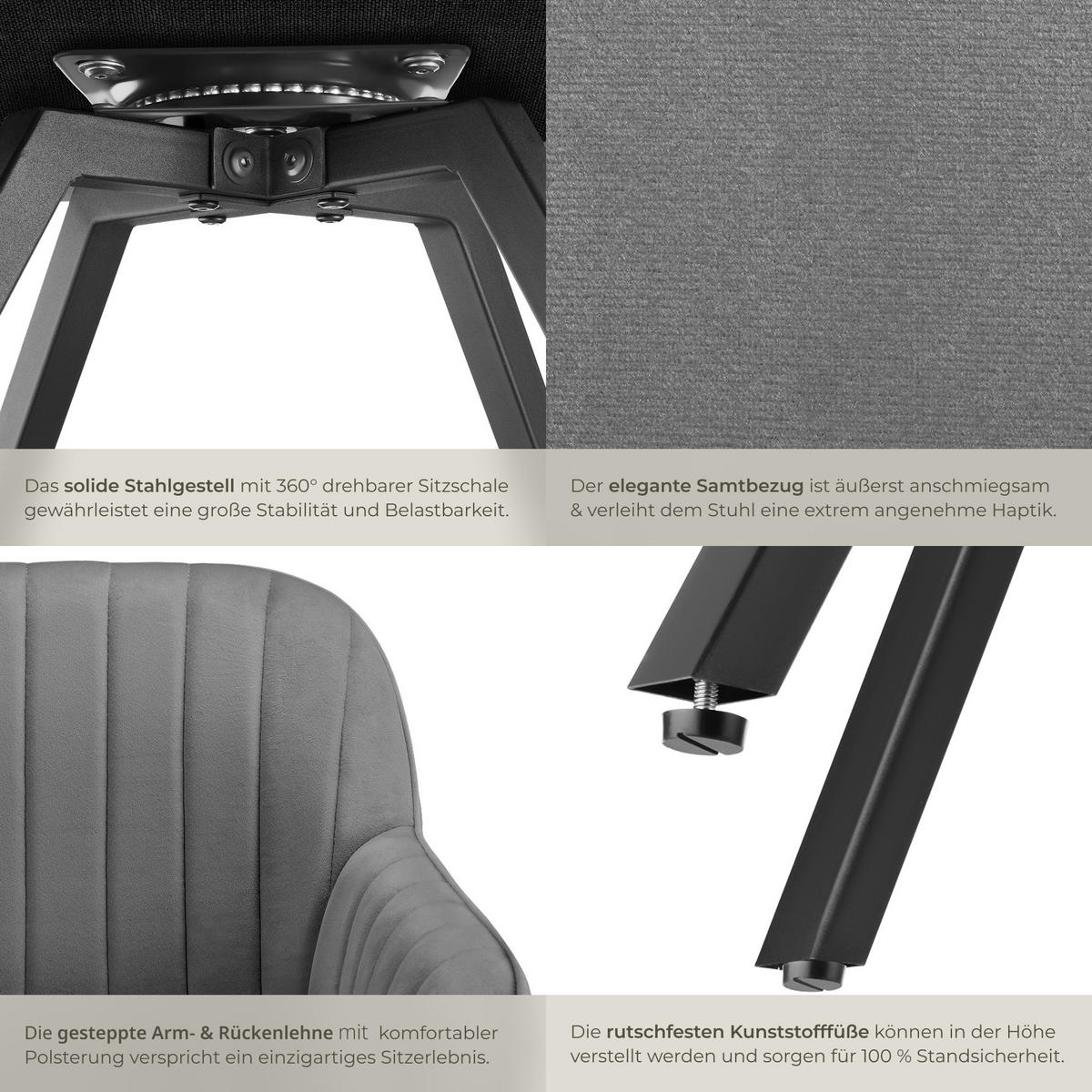 ARMLEHNSTUHL drehbarer 4er Set Snug 58 x 58 x 82 cm grau - Grau, Textil (58/82/58cm) - tectake