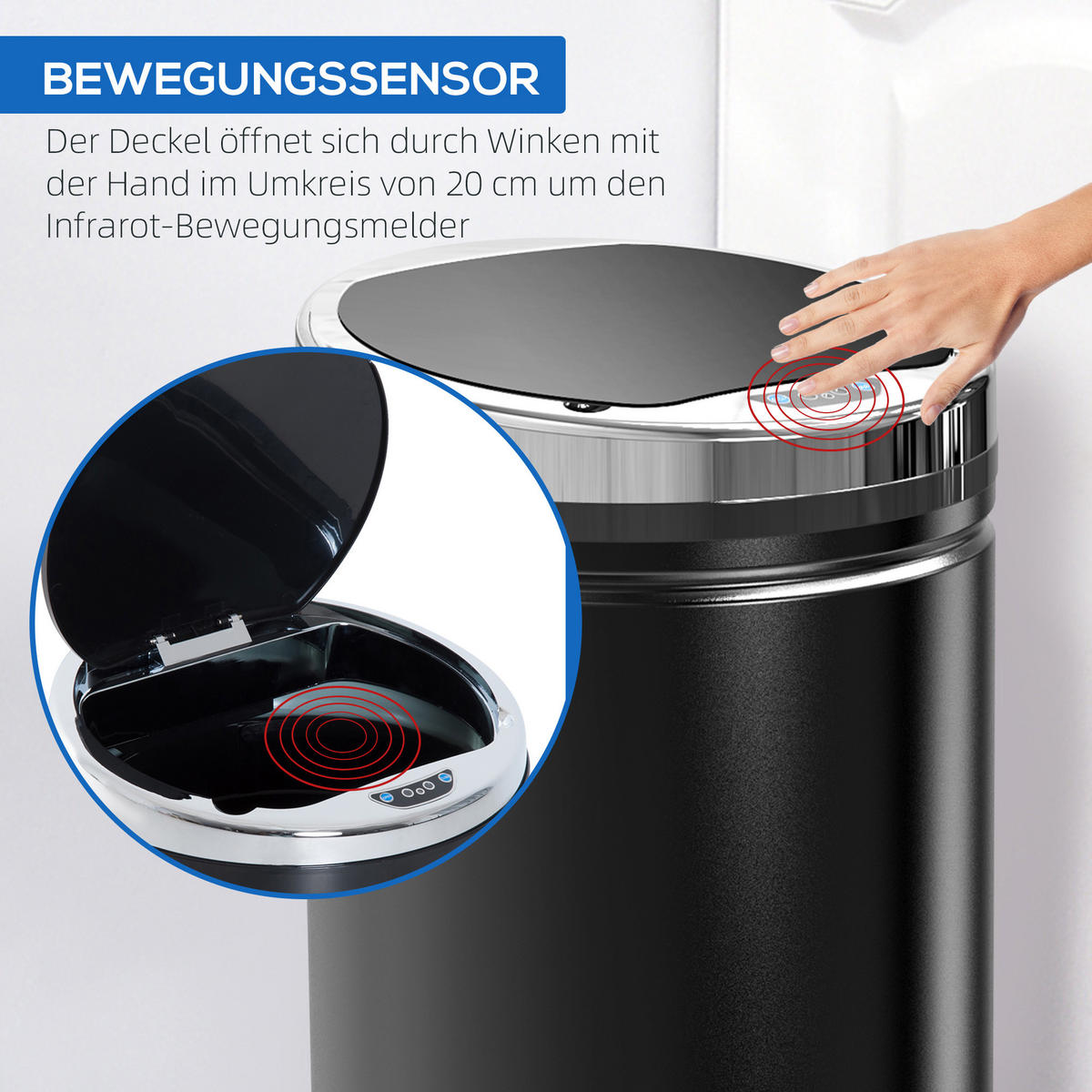 SENSOR Mülleimer 42L, Elektrisch Automatischer Abfalleimer mit Deckel, Rostfrei - Schwarz, Metall (30.5/68/30.5cm) - HOMCOM