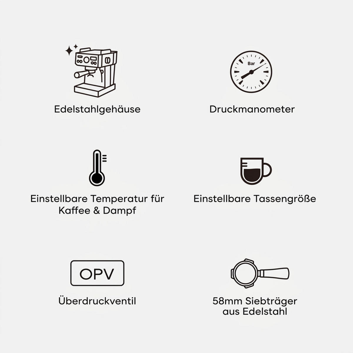 ESPRESSOMASCHINE Siebträger mit 20 Bar, Temperaturregelung und 58 mm Portafilter - Silberfarben, Metall (23/32/26cm) - Korfee