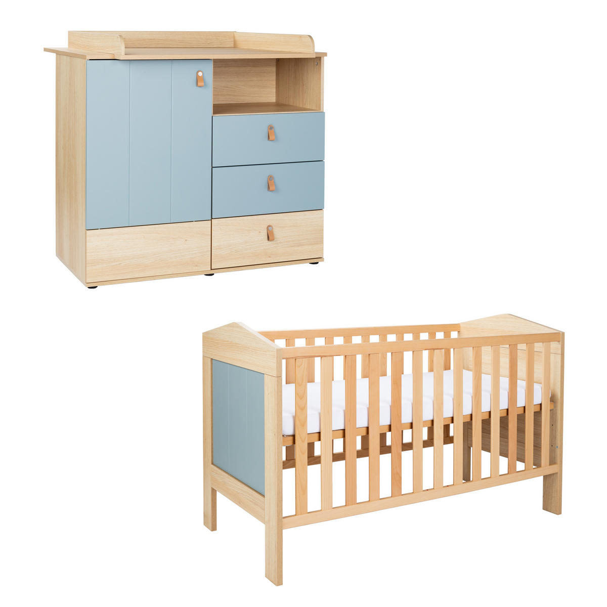 BABYZIMMER SET Roofy 2-tlg. Soft-Close - Salbeigrün/Eichefarben, Leder/Holz (1/1/1cm) - arthur berndt