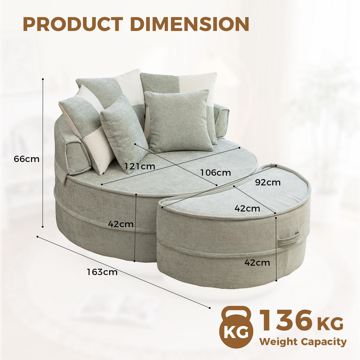 XXL-SESSEL DE-35026 mit Hocker und 5 Kissen Grün - Grün, Textil (121/66/163cm) - ComfortXL