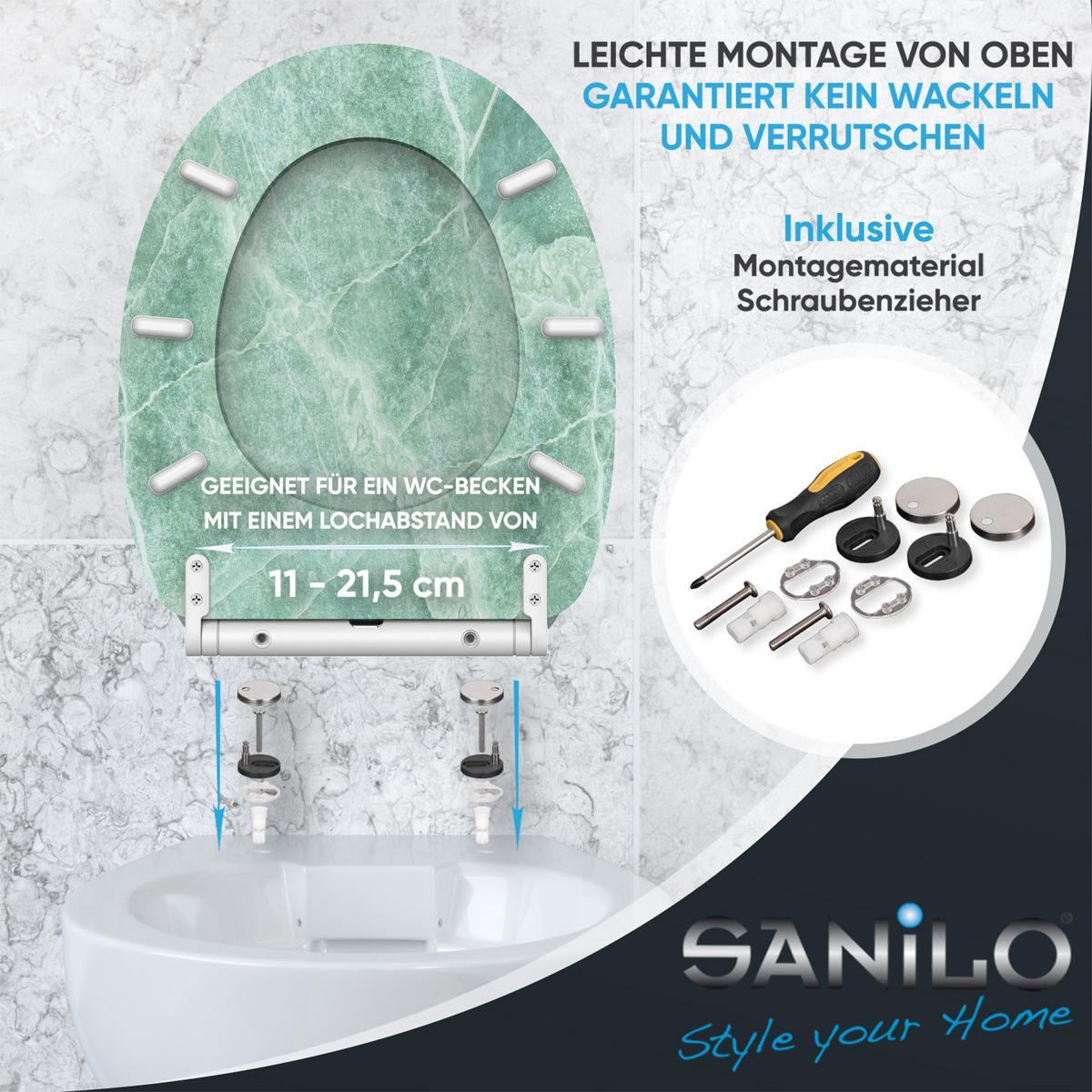 WC-SITZ mit Absenkautomatik & Top Fix Marmor Grün - Grün, Holzwerkstoff (37.7/5.5/48cm) - Sanilo