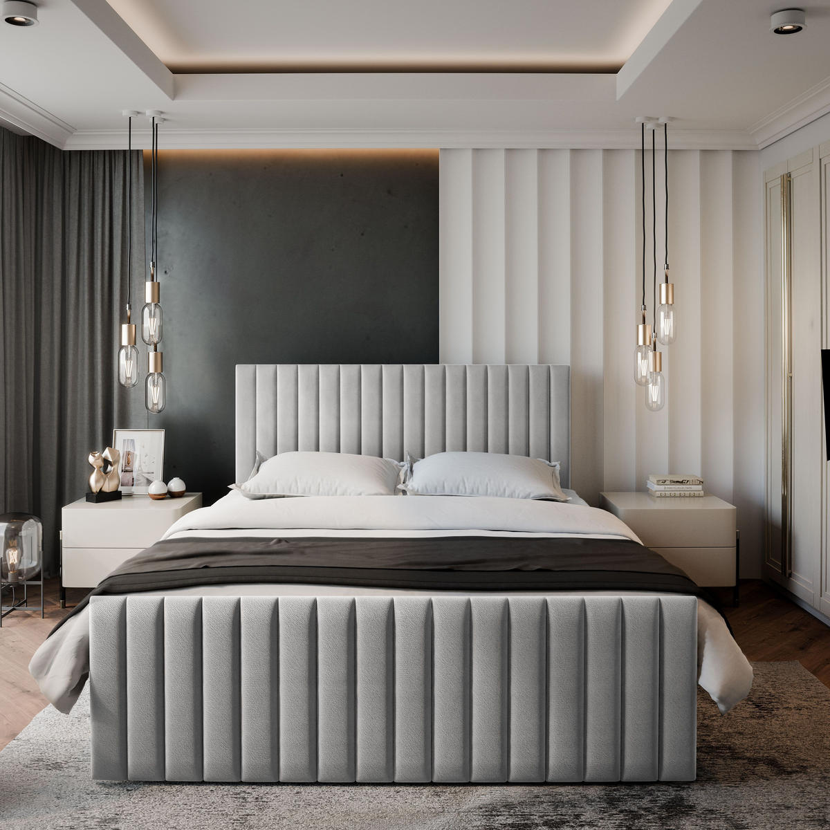 BOXBETT ARION 160x200 cm mit Matratze und Topper, H2+H3 - Hellgrau - Hellgrau, Holz (160/200cm) - MASSENO