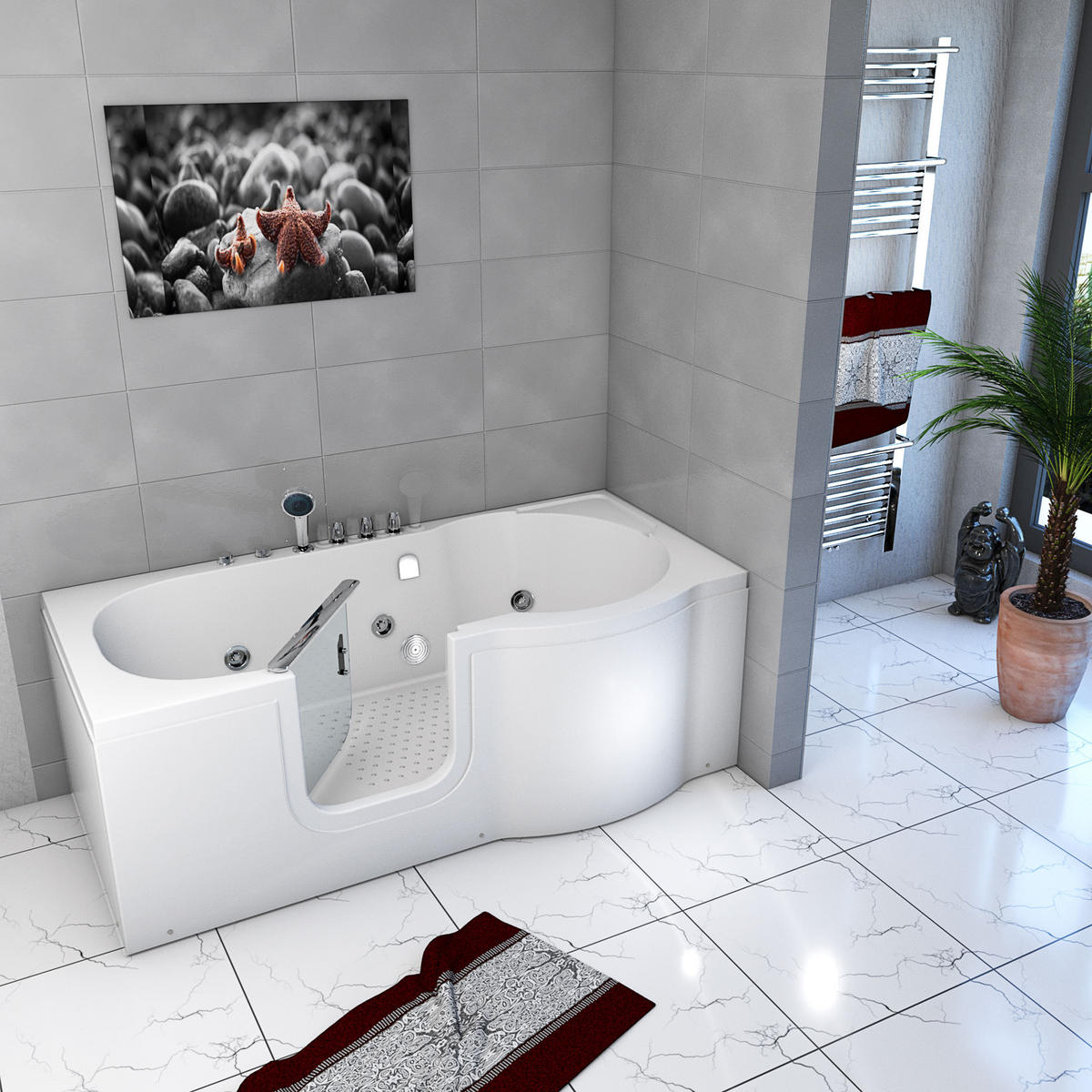 SITZWANNE Whirlpool Badewanne mit Tür S12-TH-WP-L 170x85cm - Weiß, Glas/Kunststoff (85/60/170cm) - AcquaVapore by Sandra Jentho