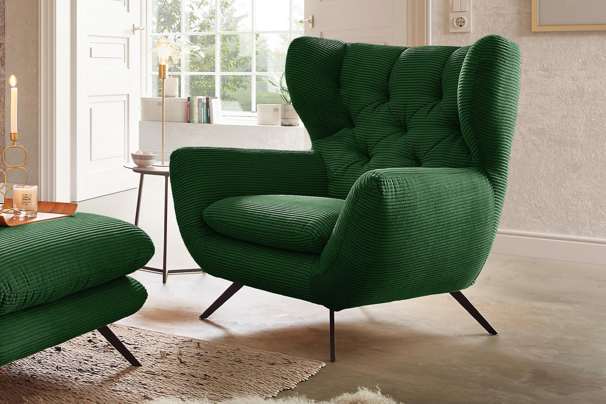 SESSEL CHARME Smaragdgrün Cord - Smaragdgrün/Schwarz, Textil/Metall (100/106/95cm) - KAWOLA
