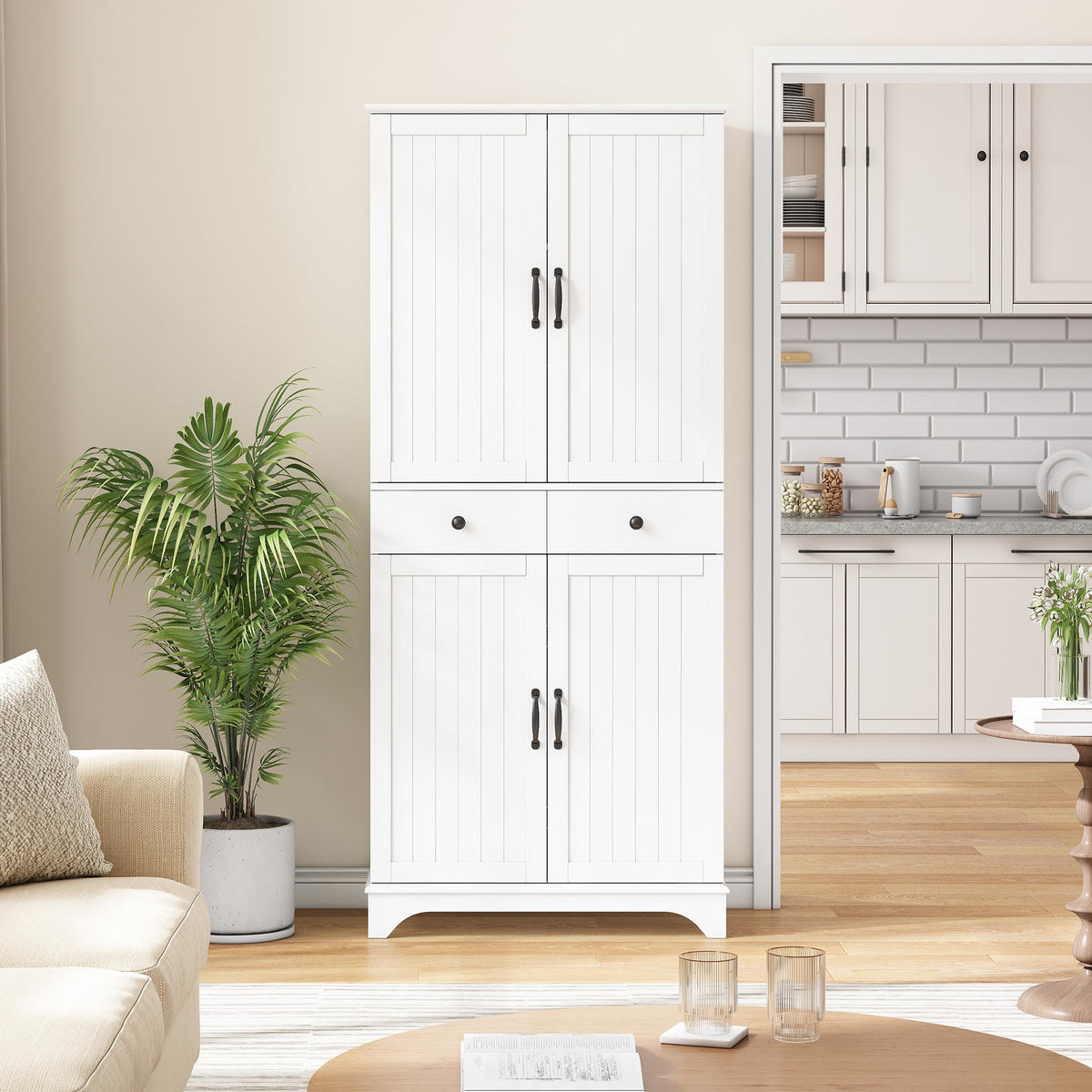 BUFFET Vorratsschrank mit verstellbaren Böden, Schubladen & Auszug, Holzoptik vertikal, modernes Stauraumsystem - Weiß, Holzwerkstoff/Metall (77/181/40cm) - EVRYAE
