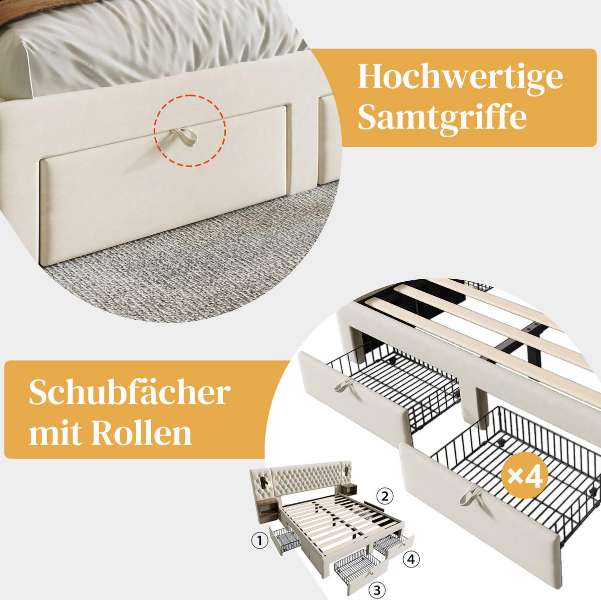 POLSTERBETT 160/200 cm mit 2 Nachttischen, 4 Schubladen, Leselicht, USB und Type-C,und Matratze, Beige - Beige, Textil (160/200cm) - Redom