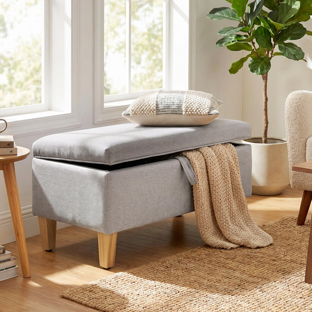 SITZBANK Polyester Schaumstoff Hellgrau - Hellgrau/Naturfarben, Holz/Textil (37/36/71cm) - HOMCOM