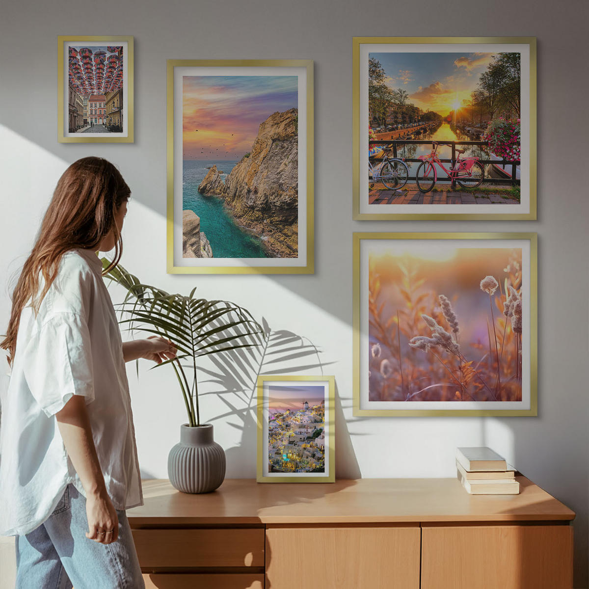 WANDBILDER 5er Set - 50x50 cm & 20x30 cm & 40x60 cm Goldrahmen - Sonnenuntergänge am Meer - Goldfarben, Kunststoff (40/60cm) - ArtPrintCave