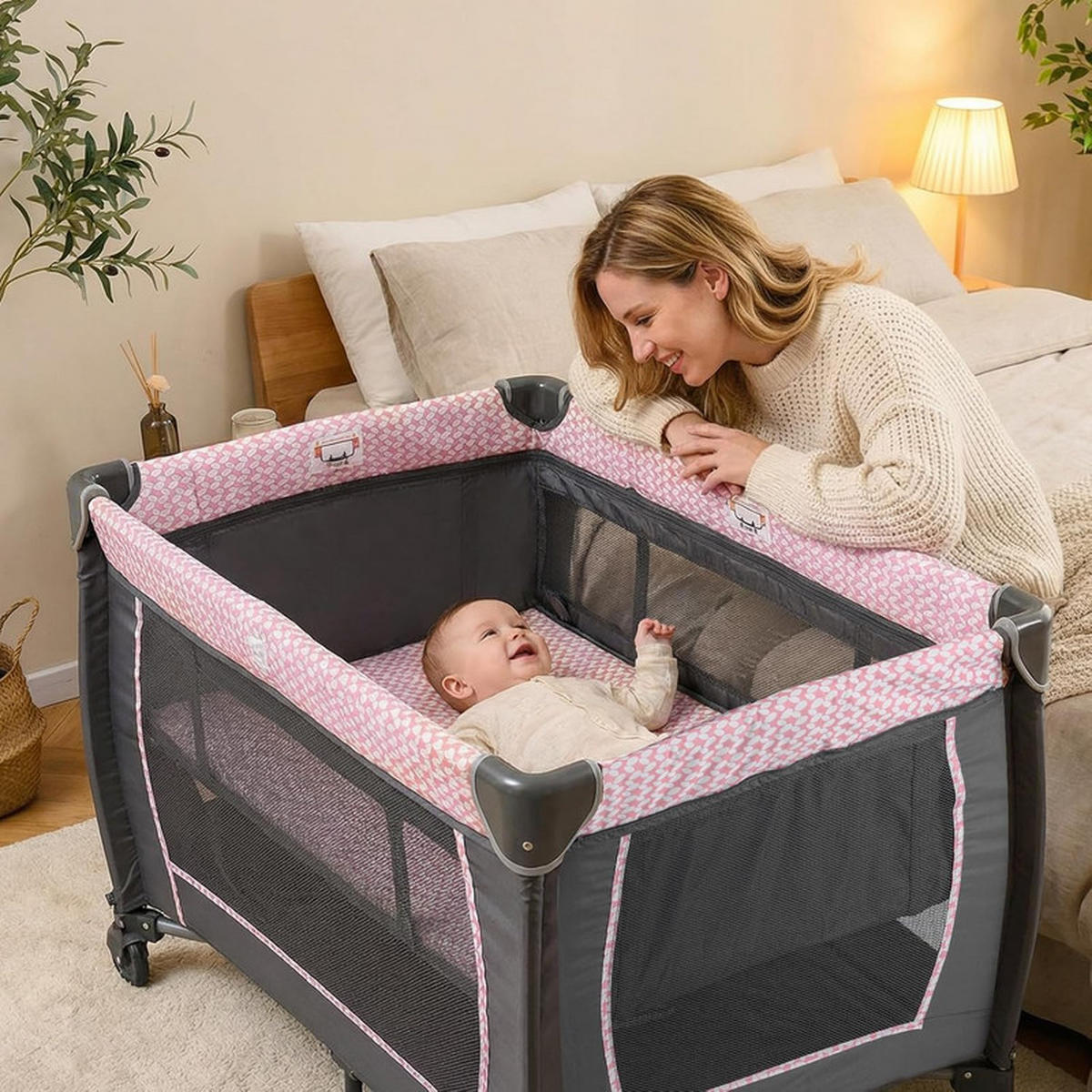 BEISTELLBETT mit Matratze grau - Pink, Textil - COSTWAY