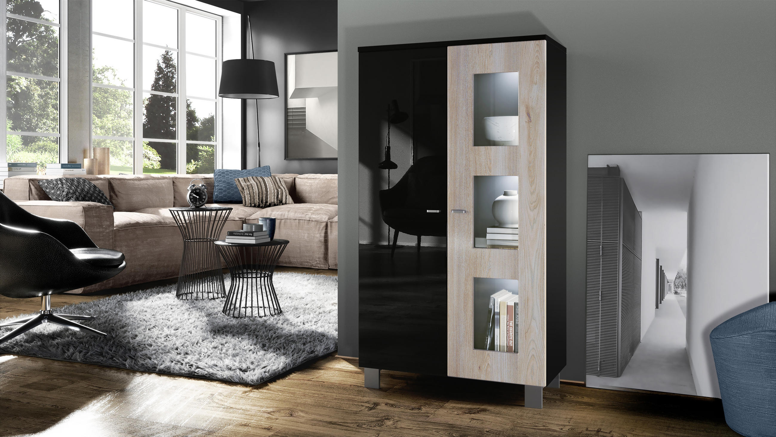 VITRINE Denjo Tür in Eiche Nordic - Silbereichenfarben, Holzwerkstoff (71/129/35cm) - Vladon
