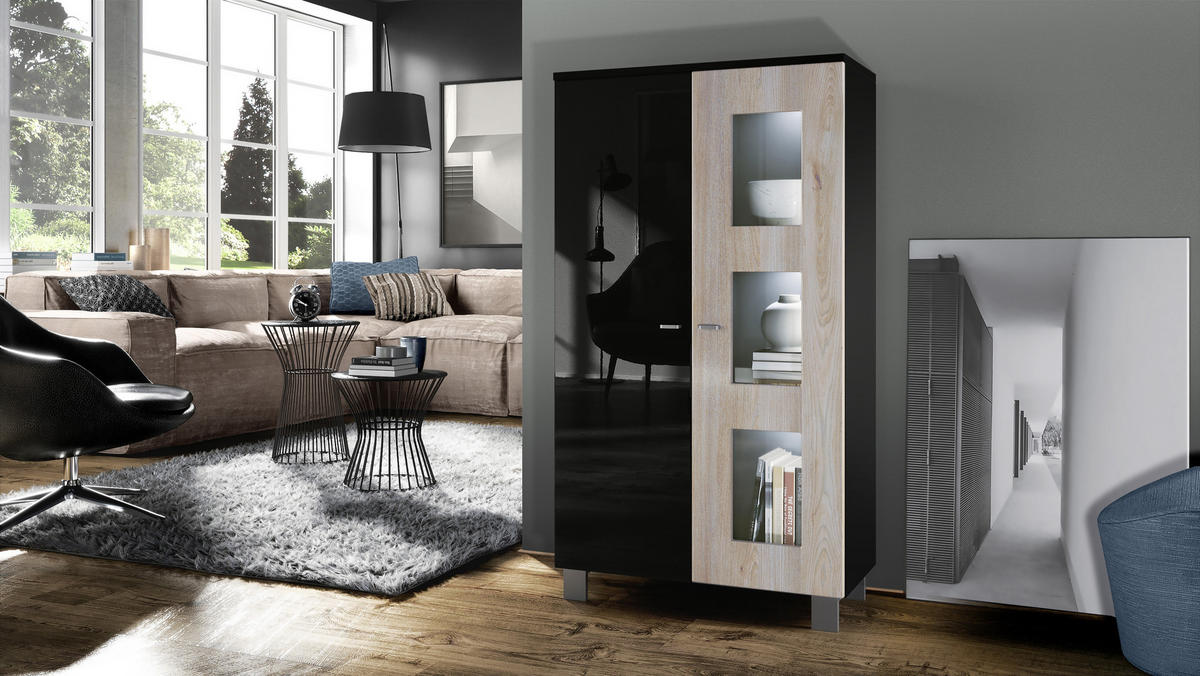 VITRINE Denjo Tür in Eiche Nordic - Silbereichenfarben, Holzwerkstoff (71/129/35cm) - Vladon
