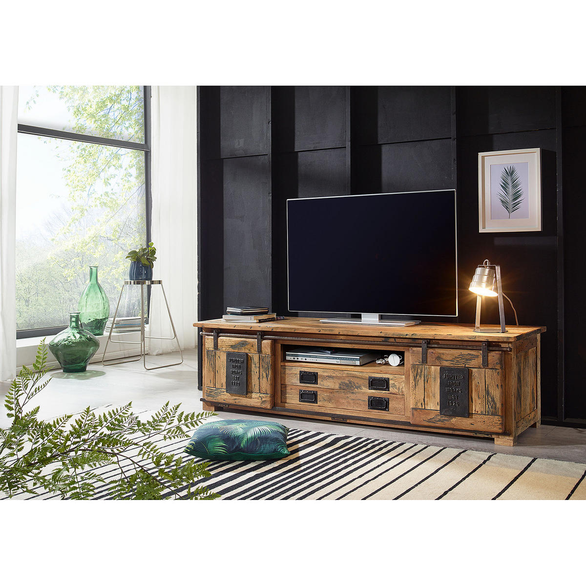 TV-LOWBOARD - Mango massiv / Eisen - Mango / Schwarz - Braun, Holz/Metall (180/50/55cm) - home24
