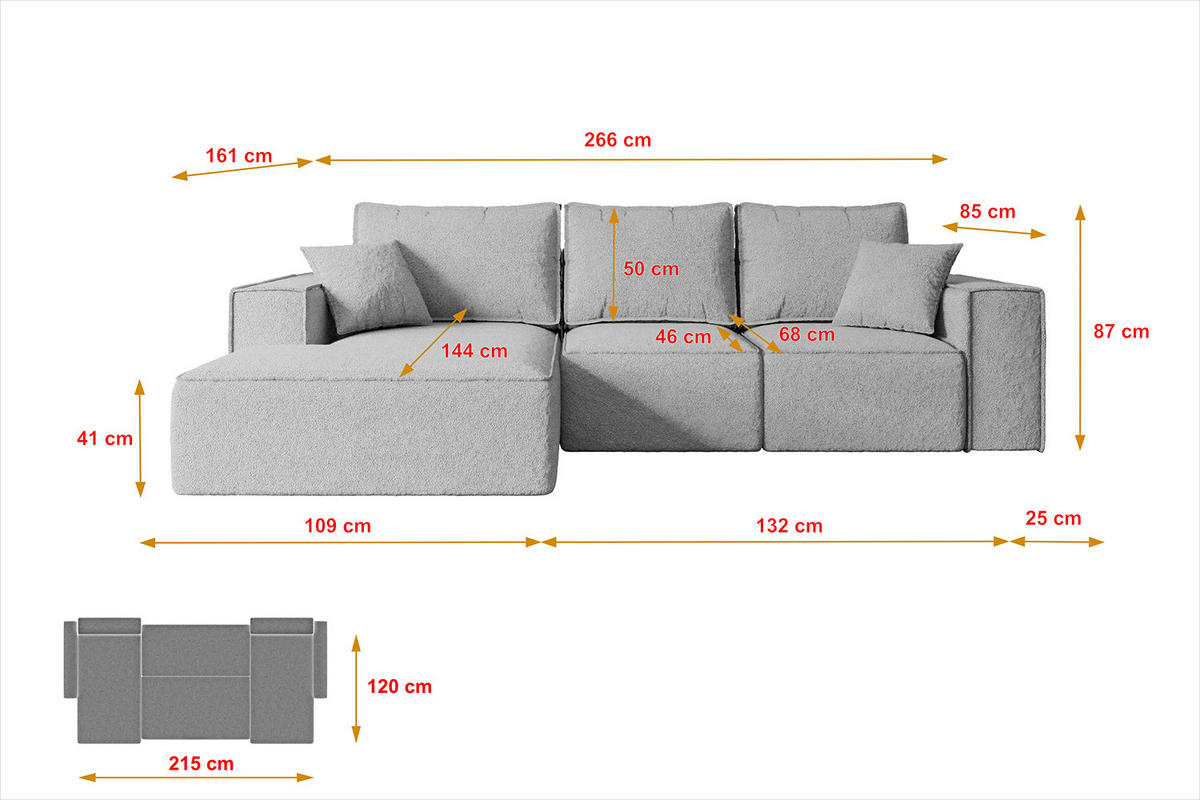 ECKSOFA mit Schlaffunktion und Bettkasten SERRA-L-S - 266x161x87 cm Hellgrau Bouclé - Hellgrau/Schwarz, Holzwerkstoff/Kunststoff (266/161cm) - ALTDECOR