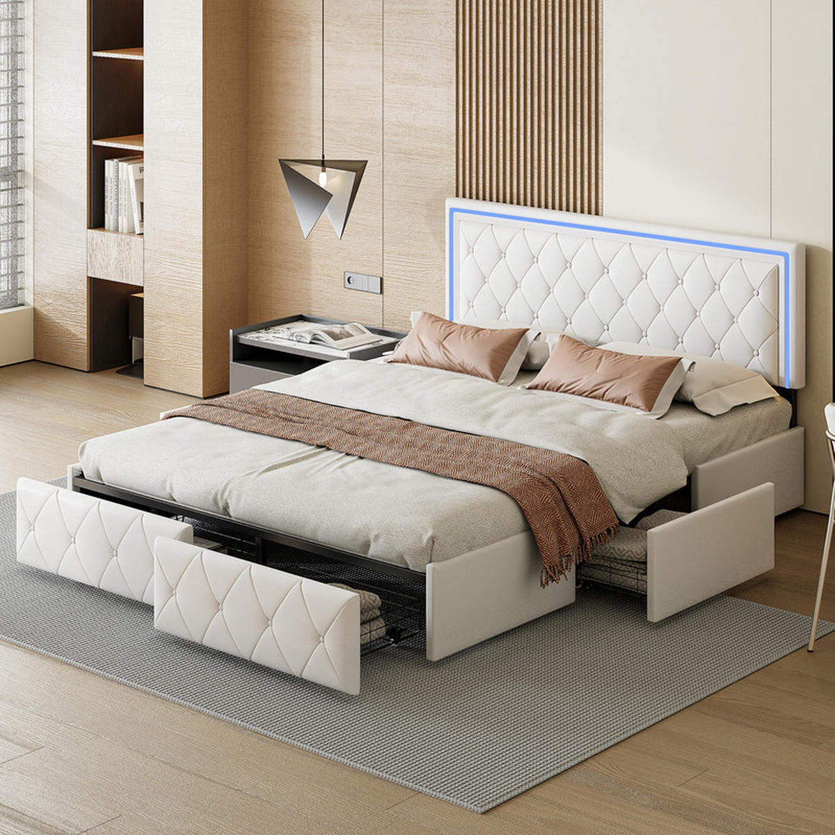 POLSTERBETT 140x200 cm, mit LED-Lichtleiste und 4 Schubladen, Lattenrost, PU, beige, ohne Matratze - Beige, Holz (140/200cm) - WoodenAura