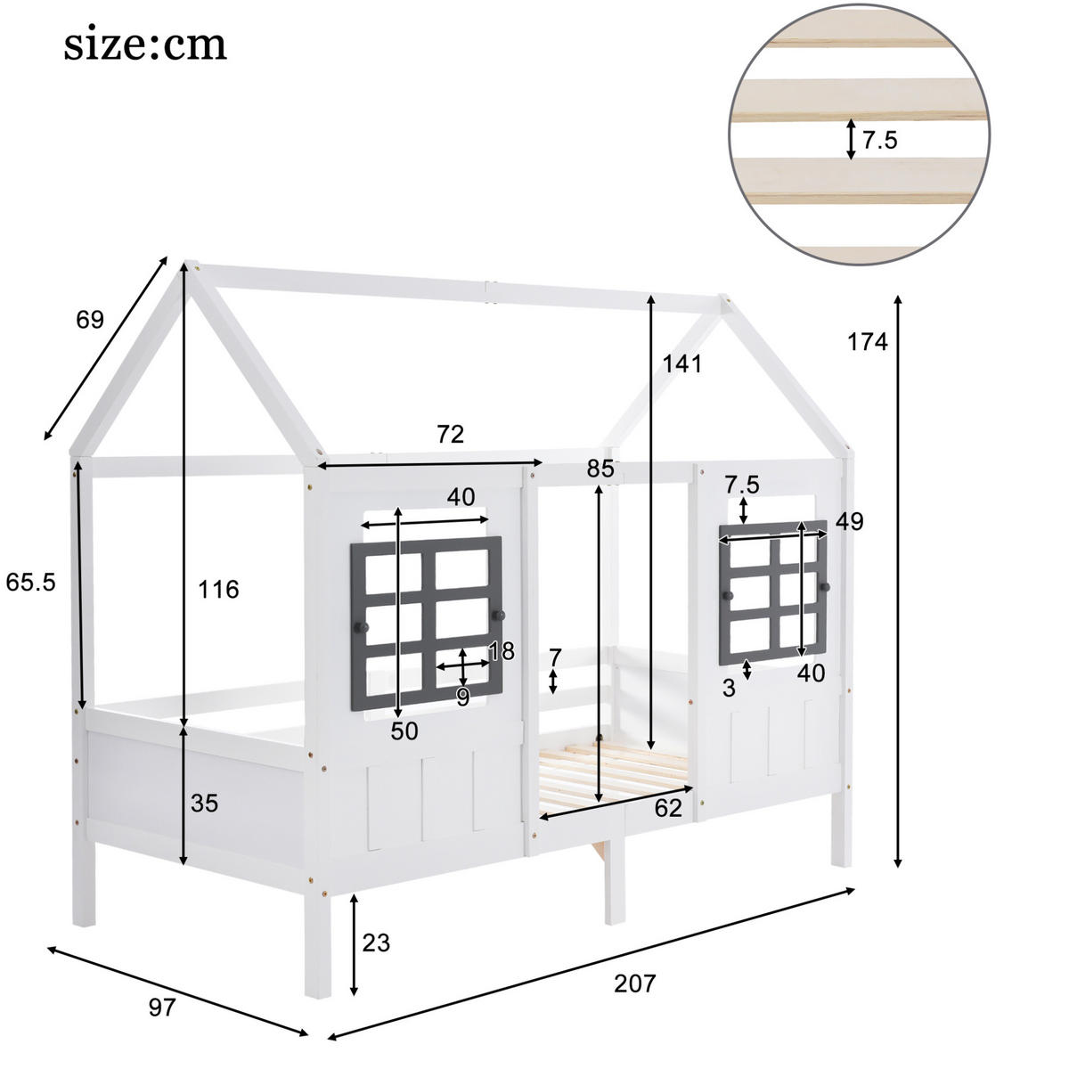 KINDERBETT 200/90 cm Weiß aus Kiefer/MDF mit 2 Fenstern - Weiß, Holz (90/200cm) - OKMYHOME