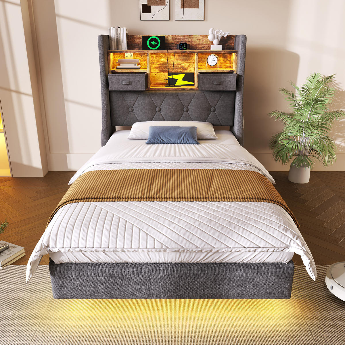 POLSTERBETT aus Leinen 90x200 cm in Grau mit LED & Ladestation - Grau, Textil (90/200cm) - Modfu