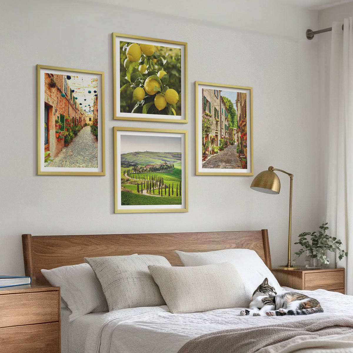 WANDBILDER 4er Set - 50x50 cm & 40x60 cm Goldrahmen - Bezaubernde Straßen voller Zitronenblüten - Goldfarben, Kunststoff (50/50cm) - ArtPrintCave