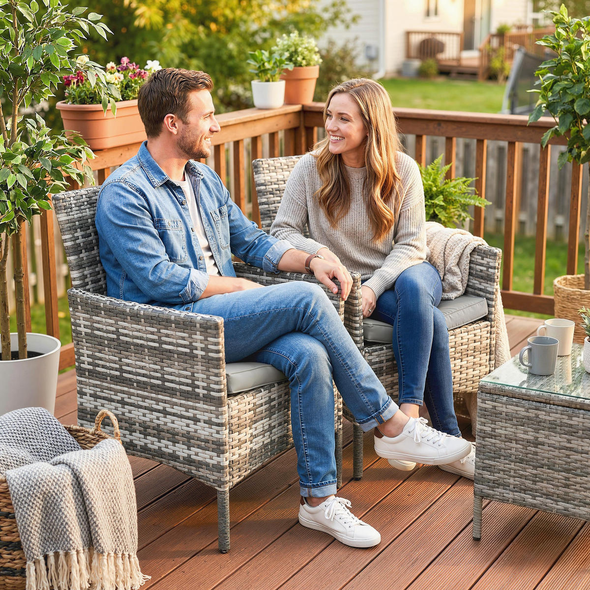 RATTANSTÜHLE 2er Set PE-Rattan Stahl Grau - Schwarz/Grau, Textil/Metall - Outsunny