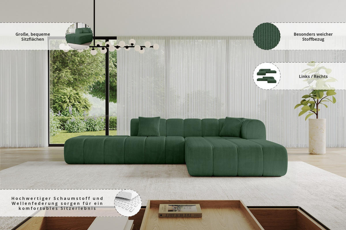 ECKSOFA Ottomane Rechts BILA-L 289x176x71 Grün Cord - Waldgrün/Schwarz, Holzwerkstoff/Kunststoff (289/176cm) - ALTDECOR